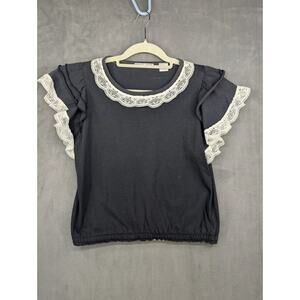 Tropical Sport Blouse Womens Large Black Lace Trim Vintage